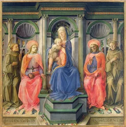 Madonna und Kind auf dem Thron mit den Heiligen Franziskus, Cosmas, Damian und Antonius von Padua, ca. 1442-45